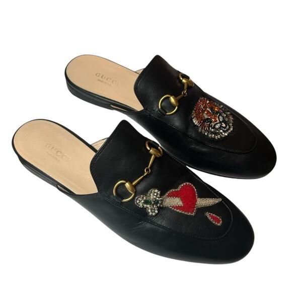 Gucci Black Leather Tiger and Pierced Heart Princetown Mule Slippers EU 38 US 8 - Picture 1 of 13